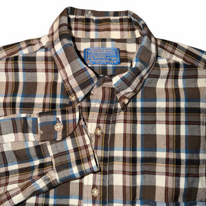 Men's Pendleton Wool Flannel Plaid Casual Button Down Brown Blue Large Fall
